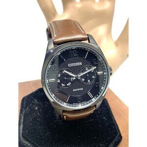 Citizen Men's Watch AO9028-07E Eco-Drive Black Dial Brown Leather Strap 43mm